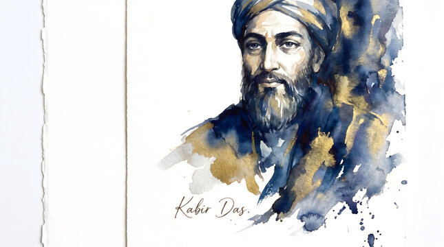 Kabir Das portrait watercolor painting in blue and gold with beard and turban on white paper