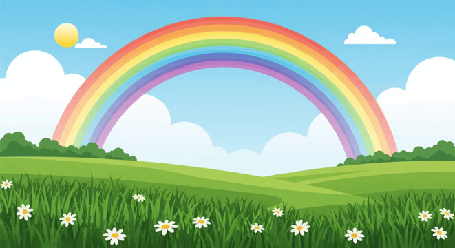 Vector illustration of a colorful rainbow over a green meadow with white daisy flowers, rolling hills, white clouds, and a bright yellow sun in a clear blue sky background.