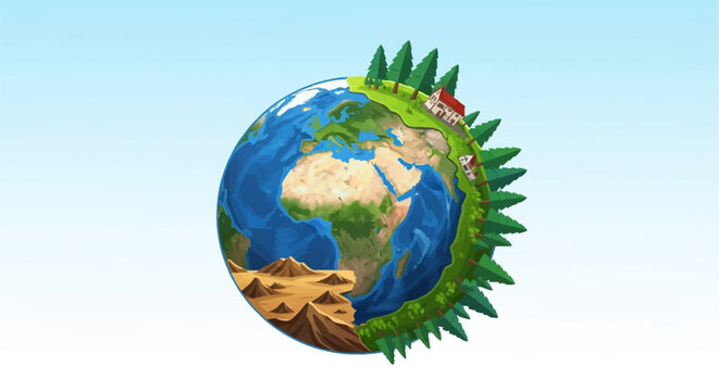 Vector illustration of Earth featuring a split landscape with lush green forests, pine trees, houses, and desert mountains, representing global ecology on a light blue background.