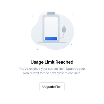 A low battery icon with a charging cable unplugged, representing a usage limit reached or subscription quota exceeded for SaaS and mobile app interfaces. Vector illustration