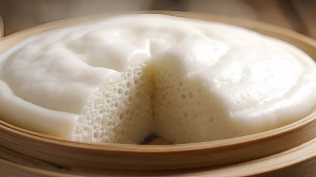 Closeup of a fluffy white steamed bun in a bamboo steamer.