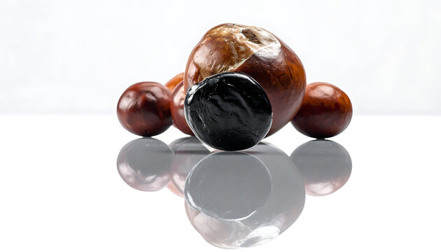Pile of conkers and a single black walnut on a reflective white surface, autumn harvest concept