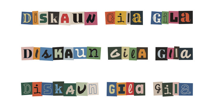 DISKAUN GILA GILA. Ransom note style typography in Malay language for crazy discount sale promotion and marketing