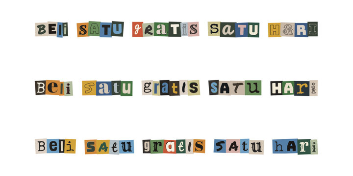 Beli satu gratis satu hari ransom note style typography, cutout letters collage for sale promotion design