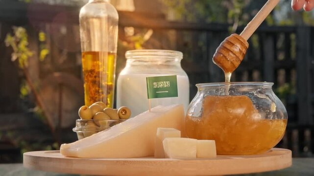Saudi honey pours from honey dipper near local cheese and dairy items in a sunlit countryside food composition that feels handcrafted and authentic.