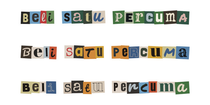 Beli satu percuma. Ransom note style text in Malay language, cut out letters typography design for sale promotion