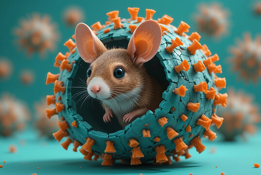 Deer mouse peering out from Hantavirus cell model 3D illustration