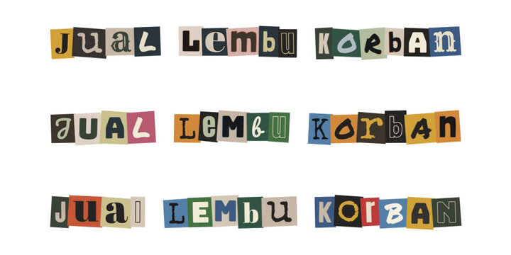 Jual Lembu Korban. Ransom note style text in Malay language for Eid al-Adha sacrifice cattle sale advertisement