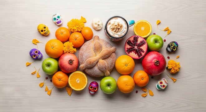 Traditional dia de los muertos arrangement with bread of the dead, colorful skulls, fruit, and coffee. concept of mexican culture, festive celebration, autumn decor