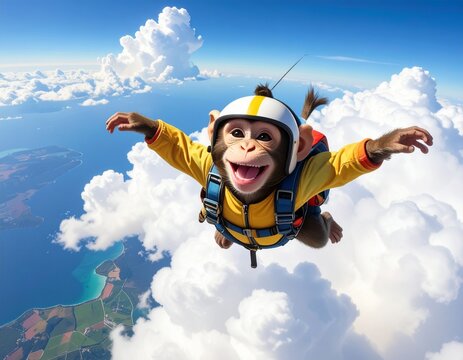 Cute baby monkey wearing yellow skydiving suit and helmet freefalling through the sky with big happy smile