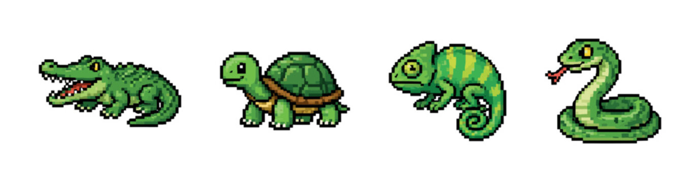 Pixel art collection of four cute green reptiles on a white background