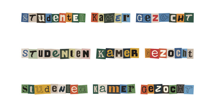 Studenten kamer gezocht. Ransom note style text in Dutch language for student housing search advertisement