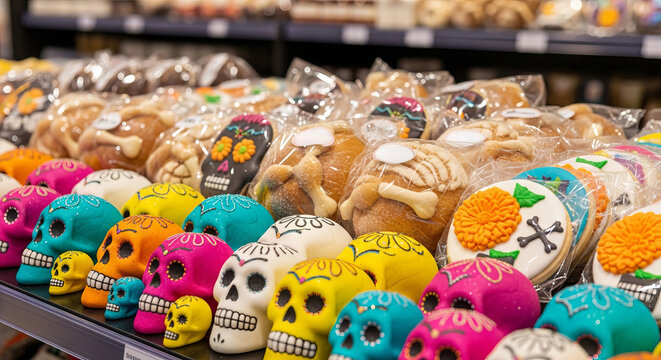 Colorful sugar skulls and bread of the dead displayed in mexican bakery for day of the dead festival. concept of traditional celebration, cultural heritage, festive decor