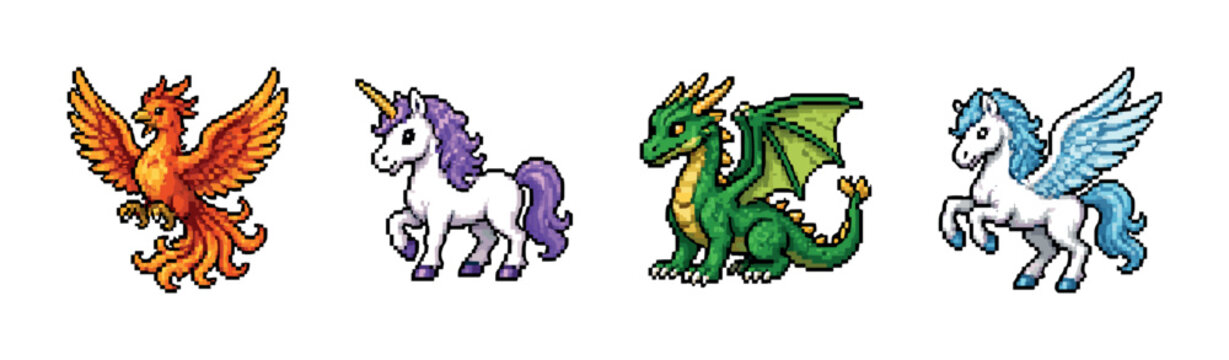 Pixel art collection of mythical creatures including a unicorn, dragon, phoenix, and pegasus
