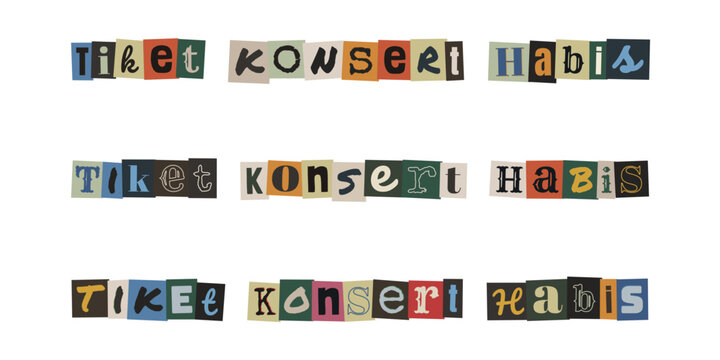 Tiket Konsert Habis. Ransom note style text in Malay language, concert sold out typography collage design