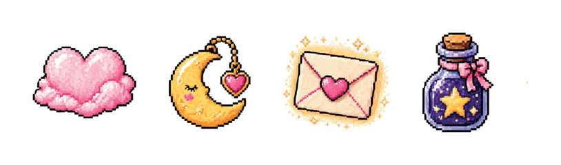 Cute pixel art icons with hearts, moon, potion, and envelope © UnIcons