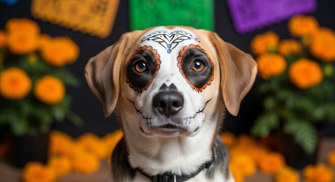 Day of the dead dog with colorful face paint surrounded by festive marigolds and vibrant decor. concept of cultural celebration, holiday spirit, pet costumes