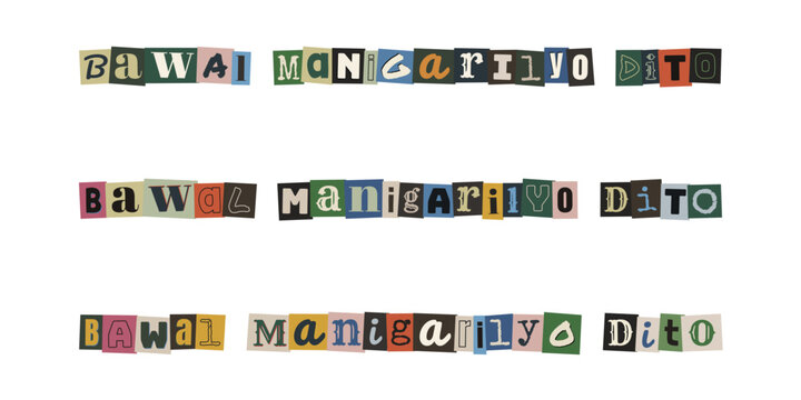 Bawal Manigarilyo Dito. Ransom note style text in Tagalog language, no smoking sign concept, cut out letters design