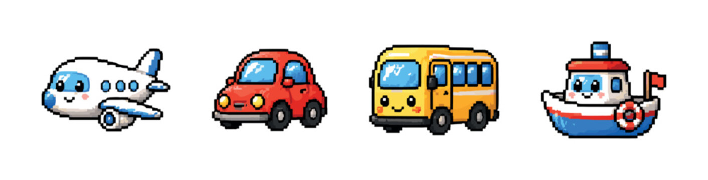 Cute pixel art collection of cartoon vehicles: car, bus, airplane, and boat