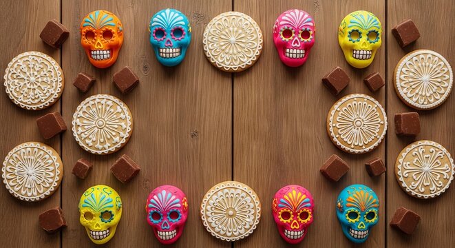Colorful sugar skull and decorated cookie arrangement on wooden table. concept of day of the dead celebration, festive decor, mexican tradition