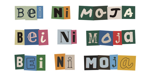 Fototapeta premium Bei Ni Moja. Ransom note style text collage in Swahili language, cut out magazine letters on colorful paper background