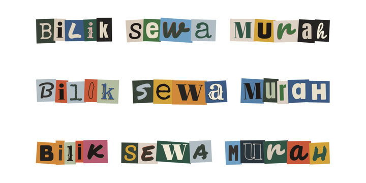 Bilik sewa murah. Ransom note style text in Malay language for cheap room rental advertisement design elements