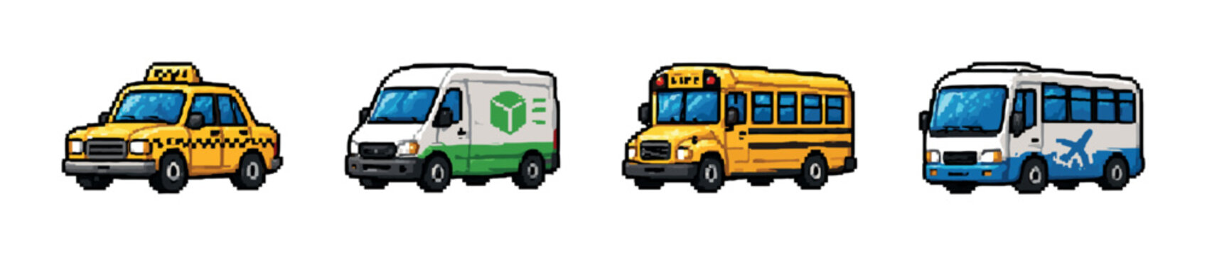 Collection of pixel art vehicles including a taxi, shuttle bus, delivery van, and school bus