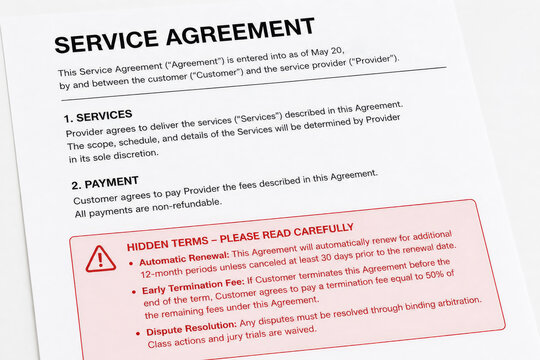 Service agreement document with hidden terms and fine print. Legal contract highlighting automatic renewal, termination fee, and binding arbitration