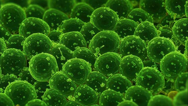 Vibrant Algae: An up-close view of lush green algae, showcasing their unique spherical shapes and intricate surface patterns, revealing the delicate beauty of life's building blocks.