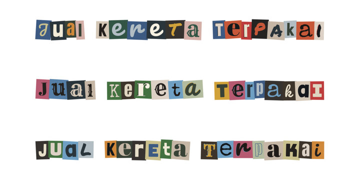 Jual Kereta Terpakai. Ransom note style text in Malay language for used car sales advertisement design elements