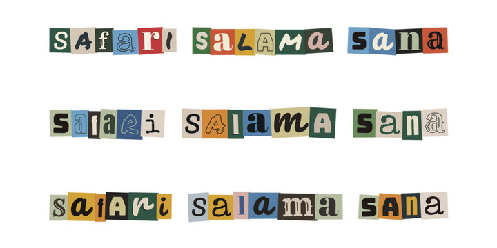 Safari Salama Sana. Swahili phrase in ransom note style collage typography for travel and safe journey concepts