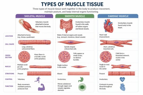 Educational infographic showing types of muscle tissue comparing skeletal, smooth and cardiac anatomy. Biology chart for medical science study, physiology classroom learning and human body movement