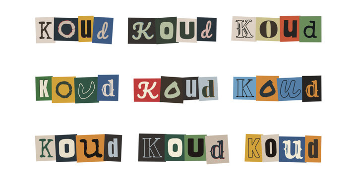 KOUD. Ransom note style typography with Dutch word for cold in various colorful collage fonts and letters