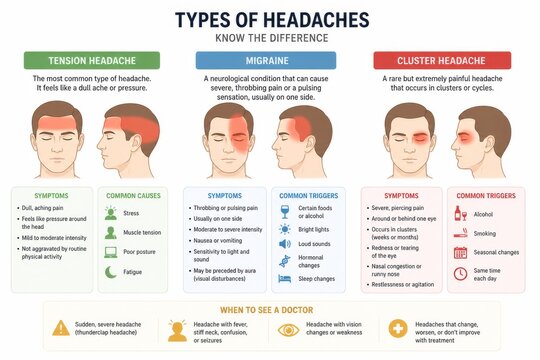 Types of headache infographic with man head illustration. Overview of tension headache, migraine and cluster headache symptoms, causes