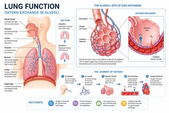 Educational medical illustration of human lung function and gas exchange in alveoli. Biological diagram of respiratory system anatomy, oxygen journey, and breathing process for science instruction