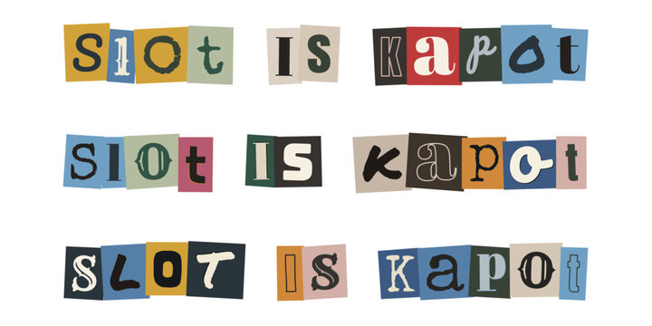 SLOT IS KAPOT. Ransom note style text in Dutch language, broken lock concept, cut out letters typography design