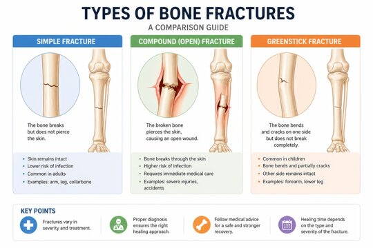 Types of bone fractures comparison guide illustration. Medical infographic showing simple, compound and greenstick breakages in human