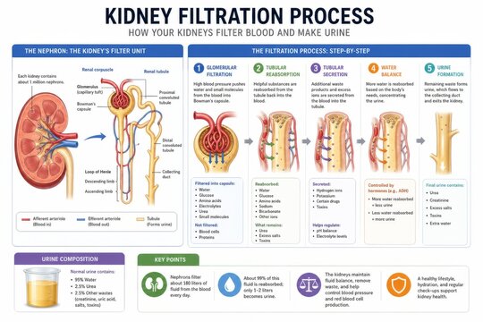 Kidney filtration process infographic showing nephron anatomy and step by step urine formation. Medical biology illustration for education about renal function, blood purification and human organ