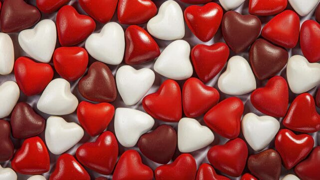 Heart-shaped Candy Delight: An assortment of heart-shaped candies in a palette of red, white, and brown creates a visually enticing display of love and sweetness. 