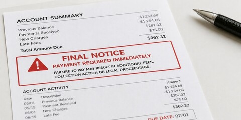 Obraz premium Final notice bill with payment required immediately. Account summary document with balance due. banner, copy space