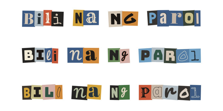 Bili na ng parol. Ransom note style text in Tagalog language, collage typography design for Christmas lantern sales