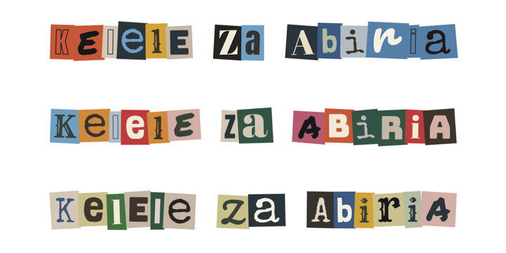 Kelele za Abiria. Swahili text ransom note style collage typography design with cut out letters on white background