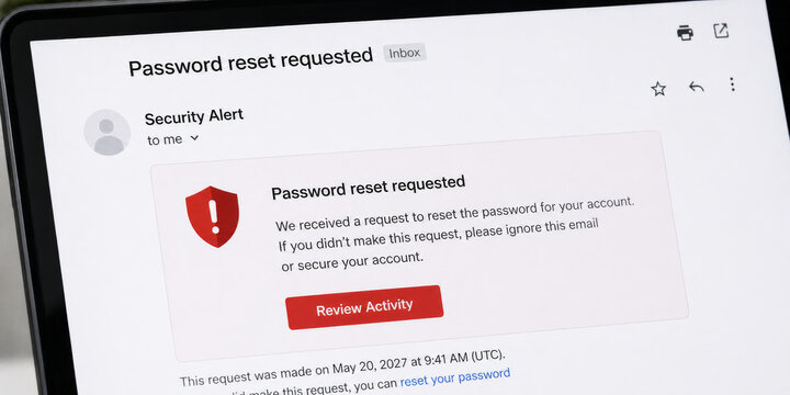 Password reset request email on computer monitor. Security alert notification for account protection, data privacy and cyber safety. banner, copy space