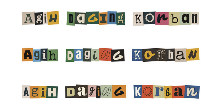 Agih daging korban. Ransom note style typography in Malay language, collage letters for Eid al-Adha sacrifice distribution