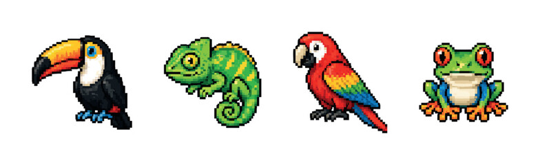 Obraz premium Pixel art collection of tropical animals including a toucan, parrot, chameleon, and frog
