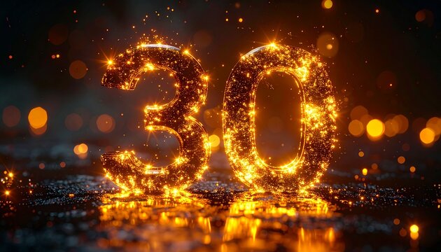 Glowing gold number 30 floats above a reflective surface at night