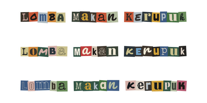 Lomba Makan Kerupuk ransom note style text collage, Indonesian cracker eating contest typography design elements