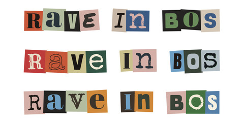 Fototapeta premium RAVE IN BOS. Dutch text collage design with ransom note style typography for forest party and music festival posters