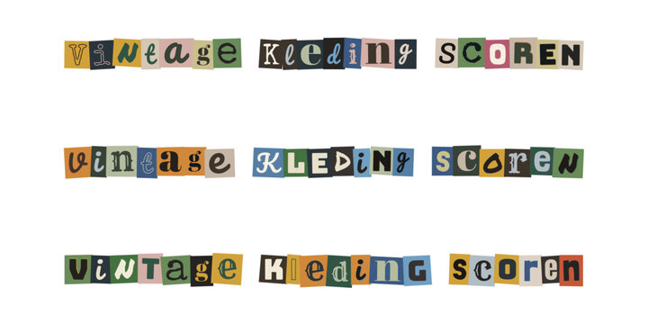 Vintage kleding scoren. Ransom note style typography with Dutch text for fashion and shopping concepts