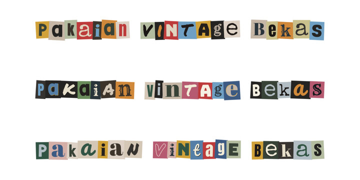 Pakaian Vintage Bekas ransom note style typography, cutout letters alphabet design for thrift store branding